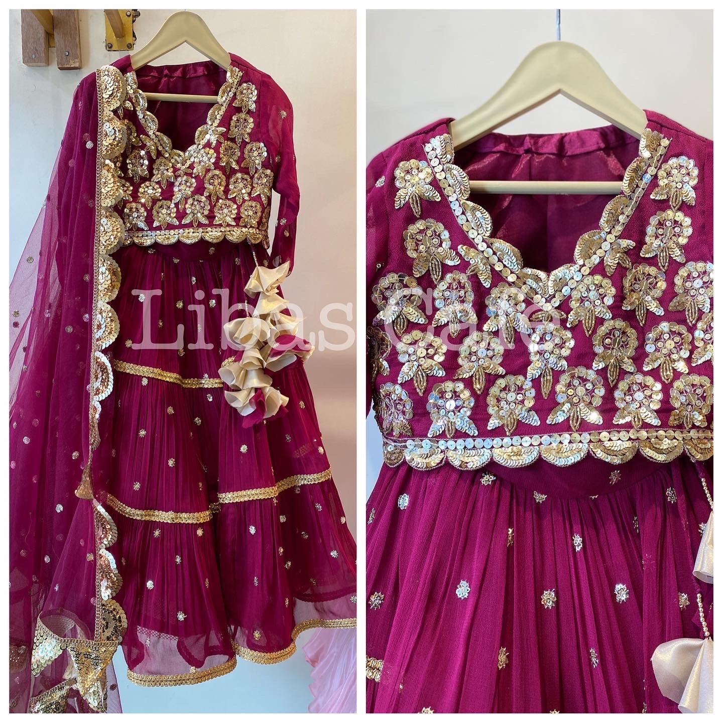 Wine Gold Embroidered Baby Girl Lehenga